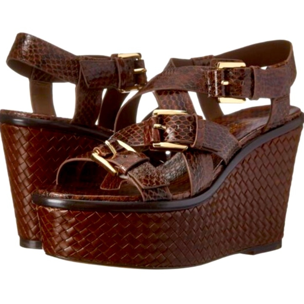 Brown, snake skin, wedge sandals